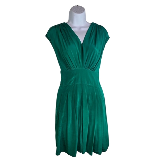 Anthropologie LIL Emerald Green Silk Draped Tie Back Dress - Picture 4 of 11